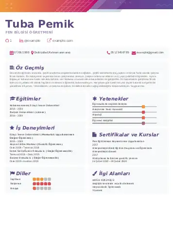 Fen Bilgisi Öğretmeni CV Örnekleri cv indir